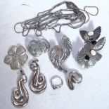 Assorted pairs of sterling silver earrings, brooches and chains