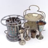 A silver plated flambe burner, cutlery, serving trays etc