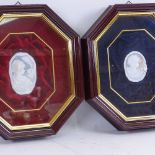 A pair of relief carved cameo shell panels, mounted in modern octagonal frames, frame height 28cm (