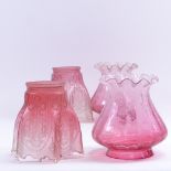 2 pairs of 19th century frosted cranberry glass frilled light shades, largest height 14cm (2 pairs)