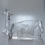 A Kosta sculpture of a Viking ship, and a glass candlestick, 20.5cm