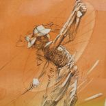 A modern coloured lithograph, golf swing, indistinctly signed, dated 1992, 64cm x 50cm, framed