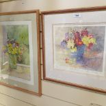Pair of limited edition watercolours, still life, studies of flowers, signed in pencil, framed