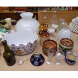 Doulton jars, glass lamp shades, Hamburg bottle etc