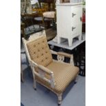 An Edwardian painted parlour armchair, a painted pine side cabinet, and a candle stand (3)