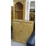 A pine 2-door side cabinet, W94cm, and a small hanging 2-tier pine open corner cabinet