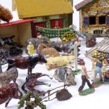 Various Vintage Britains painted lead farmyard animal figures, painted ply buildings, plastic