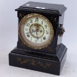 WITHDRAWN - A late 20th century Ansonia Clock Co black painted cast-iron 8-day mantel clock, enamel