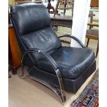 A contemporary design black leather and chrome reclining armchair