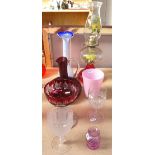 Amethyst glass jug, 23cm, glass oil lamp, overlay tazza etc