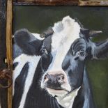 Clive Fredriksson, oil on canvas, cow in rustic window frame, overall dimensions 30.5" x 24"