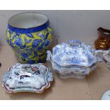A Phoenix Ware jardiniere, height 33cm, a Victorian blue and white printed soup tureen and cover