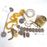 A French metal panel bracelet, various gold plated pendants, silver costume jewellery, abalone shell