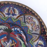 A Japanese cloisonne enamel wall plate, central phoenix design with a floral border, plate