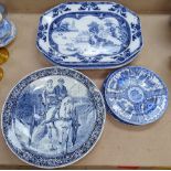 A Boch Delft wall plaque, 39cm, Spode Landscape meat plate, another, and 2 Oriental plates etc
