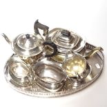 A silver plated oval tea tray, and various teaware