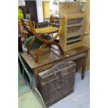 Vintage pine plank-top kitchen table, W122cm, an X-framed folding piano stool, and 2 pine
