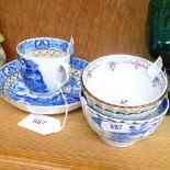 Early Royal Worcester fluted tea bowl, Oriental tea bowl and cup and saucer, and another with