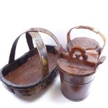3 Oriental stained painted and gilded bentwood containers, including wicker basket, basket length