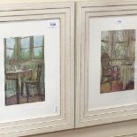 Pair of coloured etchings, still life interior scenes, indistinctly signed, 20cm x 13cm, framed