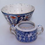 An early 2-colour Delft bowl, riveted, 27cm diameter, and an early Delft poringer