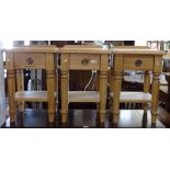3 matching modern pine bedside tables, on turned legs, W41cm