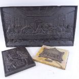 An Art Nouveau silver plated onyx and brass-backed Last Supper plaque, a large cast-iron Last Supper