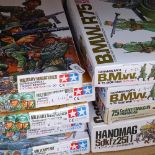 A collection of Tamiya military miniature infantry figurines, vehicles etc, all boxed