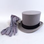 A Vintage Christy's of London grey top hat, size 7 3/8, pair of Dents nylon gloves etc