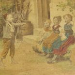 A Victorian coloured print, playing school, 17cm x 25cm, framed