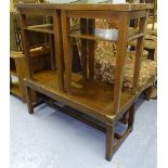 A pair of crossbanded oak 2-tier lamp tables, and a brass-bound teak coffee table