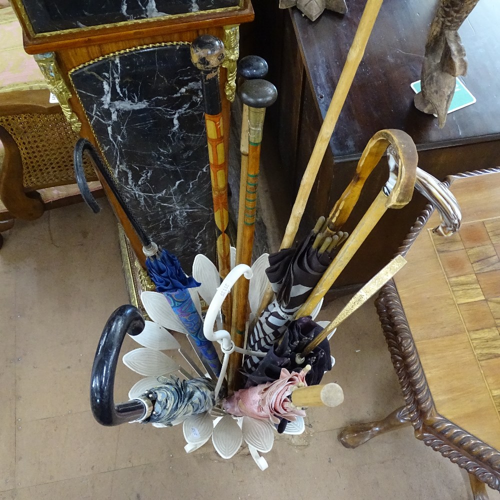 A cream painted metal stick stand, and a quantity of umbrellas, parasols and sticks - Image 2 of 2