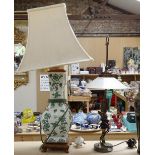 Oriental table lamp and shade, height 69cm overall, and a brass lamp with milk glass shade