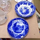 A pair of Doulton blue and white plates, a Flow Blue bowl, 25.5cm, and other blue and white