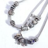 14 various Pandora silver charms on 2 unnamed sterling silver necklaces