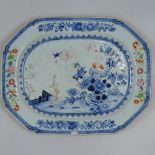 A Chinese blue and white serving dish with polychrome floral decoration, length 37cm