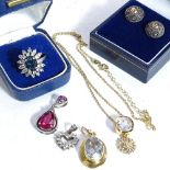 A silver stone set dress ring, a pair of silver earrings, silver-gilt and stone set necklace, and