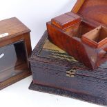 A Vintage oak smoker's cabinet, mahogany tea caddy and a painted tin box, cabinet height 30cm (3)