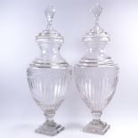 A large pair of glass container jars and covers, overall height 70cm (2)