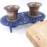 An Aga wood bowl, and 2 bronze mortars on blue painted cast-iron trivet (2)