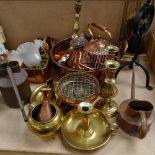 Various brass and copper, including chamber sticks, kettle, candlesticks, and fireside items