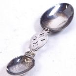 A George V silver folding double-ended combination medicine spoon, hinged bowls with pierced stem,