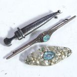 A silver and niello dagger brooch, and 2 other stone set brooches