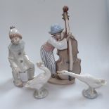 Lladro boy with cello, 25cm, Lladro clown and 2 geese