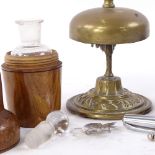 Various collectables, including Platignum fountain pen, turned wood case perfume bottle, brass