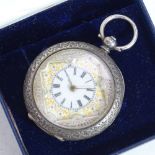 A 19th century Continental silver open-face key-wind fob watch, with a lozenge-framed enamel dial