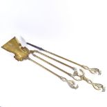 A good quality brass 3-piece fireside tool set, including shovel, poker and tongs, largest length