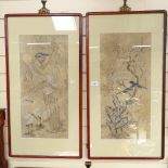 A pair of Oriental watercolour pictures, ornithological studies, 57cm x 27cm, framed (2)