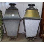 A pair of Vintage brass-framed 4-panelled lanterns, H80cm
