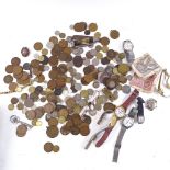 Various collectables, including coins, wristwatches, banknotes and walnut box